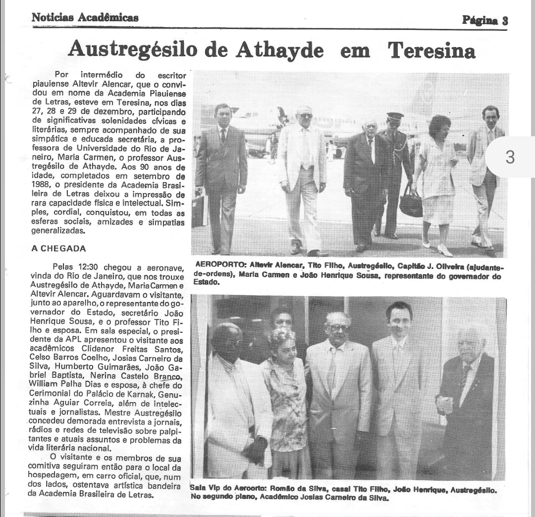 O registro da visita do presidente da ABL ao Piauí, em 1988.