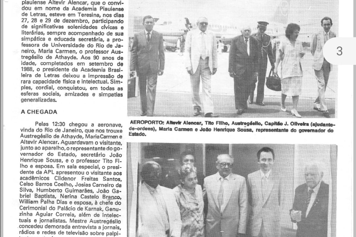 O registro da visita do presidente da ABL ao Piauí, em 1988.