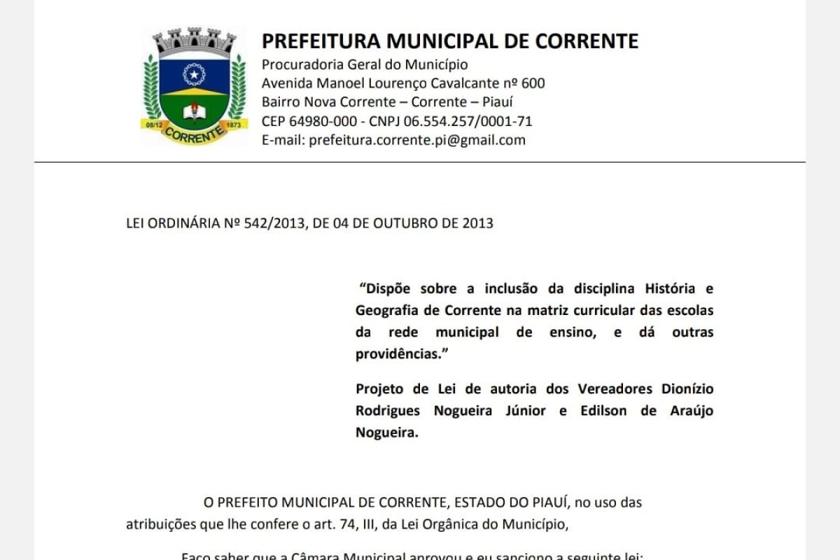 Lei que valoriza história e geografia de Corrente.